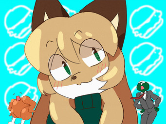 anthro brown_body brown_fur clothing female female_anthro food fur green_clothing green_eyes hair markings simple_background solo text white_body white_fur conditional_dnp unknown_artist fukkireta anon averi_(fiddleafox) canid canine fox human mammal red_fox true_fox 4:3 animated animation_meme english_text frame_by_frame japanese_text meme