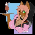 anthro black_hair breasts brown_body brown_fur cleavage clothed clothing female fur hair looking_at_viewer one_eye_closed pink_hair smile solo wink kammymau raella_(tluuvyen) canid canine mammal alpha_channel bust_portrait portrait