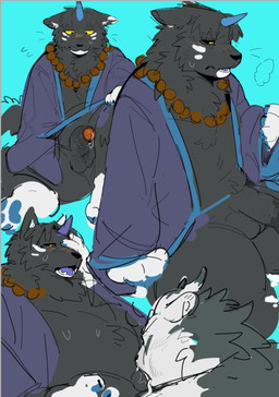 1_horn anthro asian_clothing balls beads blue_pawpads bodily_fluids chinese_clothing clothing east_asian_clothing embarrassed erection foreskin genitals half-erect horn humanoid_genitalia humanoid_penis kemono male mature_male mouth_closed one_eye_obstructed open_mouth oral oral_penetration partially_retracted_foreskin pawpads penetration penis prayer_beads simple_background sitting slightly_chubby solo sweat artxtcy fabulous_beasts baize_(fabulous_beasts) diting_(fabulous_beasts) canid canine canis mammal wolf colored_sketch sketch