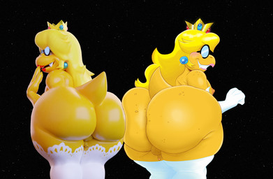 balls big_butt blonde_hair bubble_butt butt clothed clothing cosplay crossdressing crown ear_piercing eyewear femboy genitals gloves hair handwear headgear legwear makeup male penis piercing sharp_teeth small_balls small_penis smile solo stockings teeth wide_hips yellow_body adri164 inimus mario_bros nintendo kamek princess_peach koopa magikoopa scalie 3d_(artwork) absurd_res digital_media_(artwork) hi_res