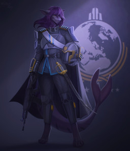 anthro biped bottomwear claws clothed clothed_anthro clothed_female clothing female fingers front_view fully_clothed fully_clothed_anthro fully_clothed_female gun hair ranged_weapon smile solo standing tail teeth topwear weapon veliren_rey helldivers aquatic fish shark 2026 digital_drawing_(artwork) digital_media_(artwork) hi_res