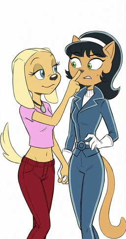 accessory anthro blonde_hair blue_eyes boop bracelet clothing collar crotch_lines duo eye_contact eyelashes female female/female gloves green_eyes hair hair_accessory hairband hand_holding handwear jewelry leather long_eyelashes looking_at_another midriff nose_boop shirt smile sweater tear_trough teeth topwear turtleneck unknown_artist brandy_and_mr._whiskers disney nickelodeon t.u.f.f._puppy brandy_harrington kitty_katswell canid canine canis domestic_cat domestic_dog felid feline felis mammal colored crossover hi_res portrait