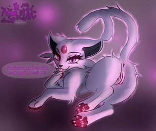 anus butt claws dialogue female feral fluffy forehead_gem fur gem genitals licking looking_at_viewer pawpads paws pink_body pink_fur rear_view self_lick simple_background solo speech_bubble tail teasing text tongue tongue_out vulva astralia nintendo pokemon eeveelution espeon generation_2_pokemon pokemon_(species) hi_res watermark
