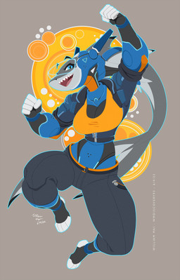 5_fingers anthro black_clothing blue_eyes breasts cleavage clothed clothing countershade_face countershading female fingers grey_body grey_skin machine mechanical_body open_mouth solo wmdiscovery93 hana_(wmdiscovery93) aquatic fish robot shark absurd_res hi_res
