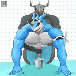 abs all_fours anthro armor biceps big_muscles black_body black_scales blue_body blue_scales blue_skin bodily_fluids bucket container countershading cum duo erection eyes_closed front_view genital_fluids genitals handjob headgear helmet horn male male/male mask multicolored_body multicolored_scales muscular nipple_fetish nipple_pinch nipple_play nipples nude open_mouth orgasm orgasm_face pattern_background pecs penile penis penis_milking pinch scales sex simple_background tongue tongue_out two_tone_body two_tone_scales white_body white_scales yellow_eyes bada-butterfly bandai_namco digimon mythology blackwargreymon digimon_(species) dragon exveemon mythological_creature mythological_scalie scalie 1:1 2015 hi_res