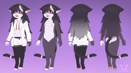 anthro belly black_body black_fur black_hair bottomwear clothed clothing crop_top female flat_chested fur genitals hair humanoid_genitalia humanoid_vulva jacket legwear loli nipples nude red_eyes shirt shorts solo stockings topwear vulva white_belly young young_anthro jm-luxro domestic_cat felid feline felis mammal absurd_res hi_res