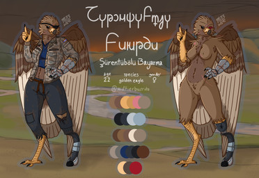 amputee anthro beak belt bottomwear breasts brown_body brown_feathers bullet_wound camo camo_clothing camo_jacket camo_print camo_topwear claws clothed clothing countershade_torso countershading cracked_beak crop_top detailed_background disability eye_patch eye_scar eye_socket eyewear facial_scar feathered_wings feathers featureless_breasts featureless_crotch feet female female_symbol fire flag gender_symbol gesture hand_gesture hill jacket light light_beam logo metal_arm midriff military_jacket missing_arm missing_eye missing_hand navel nude pants patch_(fabric) pattern_clothing pattern_topwear pointing pointing_up prosthetic prosthetic_arm prosthetic_leg prosthetic_limb river rope rope_belt running_blade scar scuted_arms scuted_legs scutes shirt sky smile smoke solo sunbeam sunlight symbol tail tail_feathers talons text toes topwear torn_bottomwear torn_clothing torn_jacket torn_pants torn_shirt torn_topwear tuft uniform white_body white_feathers wings conditional_dnp midtierburrito dzud bayarma_(dzud) accipitrid accipitriform avian bird eagle golden_eagle true_eagle 2026 absurd_res artist_logo artist_name colored constructed_language dated detailed digital_drawing_(artwork) digital_media_(artwork) english_text fictional_language hi_res model_sheet shaded signature translated watermark