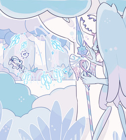 ambiguous_gender antares_(kirby_and_the_forgotten_land) anthro antlers being_watched big_ears biped bipedal_feral blue_eyes blush blush_lines blush_stickers bodily_fluids chest_tuft colored_nails countershade_torso countershading detailed_background digitigrade duo feral fingernails fluffy fluffy_tail forest fur head_wings hiding holding_melee_weapon holding_object holding_polearm holding_spear holding_stick holding_weapon horn huge_wings interrobang looking_at_another magic melee_weapon mouthless multicolored_body multicolored_fur nails neck_tuft notched_ear outside plant polearm purple_fingernails purple_nails semi-anthro shocked spear speech_bubble stick surprised sweat sweatdrop tail tan_body tan_fur teal_body teal_fur tree tuft two_tone_body two_tone_fur unusual_wing_placement weapon wings metro_(pixiv) kirby_(series) kirby_and_the_forgotten_land nintendo elfilin fecto_elfilis alien chinchilla chinchillid mammal rodent starling_(kirby) 2022 digital_drawing_(artwork) digital_media_(artwork) restricted_palette male_(lore)
