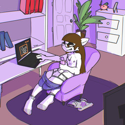 anthro balls bedroom_eyes bodily_fluids bottomwear bottomwear_down brown_hair chest_tuft clothed clothing computer dripping electronics erection eyewear femboy footwear foreskin fur genital_fluids genitals glasses hair half-closed_eyes humanoid_genitalia humanoid_penis laptop long_hair looking_at_porn male masturbation narrowed_eyes partially_clothed penile penile_masturbation penis pornography precum precum_drip precum_string retracted_foreskin seductive shorts shorts_down smile smirk smug smug_face smug_grin socks solo tuft white_body white_fur xing1 furley_lavandria domestic_cat felid feline felis mammal 1:1 absurd_res hi_res