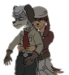 anthro belt brown_body brown_fur clothing duo fur gloves grey_body grey_fur hair handwear hug hugging_another hugging_from_behind kerchief male white_hair young lyttiya cyberconnect2 fuga:_melodies_of_steel little_tail_bronx britz_strudel jin_macchiato basset_hound canid canine caninu canis dobermann domestic_dog hunting_dog mammal pinscher scent_hound hi_res