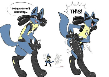 ambiguous_gender anthro biped black_body black_fur blue_body blue_fur bottomwear character_quote character_reenactment chest_spike clothing dialogue digitigrade feral fur hand_on_leg humor looking_at_viewer male open_mouth open_smile pants parody paws pseudo_clothing simple_background smile solo sparkles speech_bubble spikes spikes_(anatomy) standing talking_to_viewer tan_body tan_fur text white_background fizzy-dog third-party_edit disney nintendo pokemon the_emperor's_new_groove canid canine generation_4_pokemon lucario mammal pokemon_(species) 2022 2024 colored digital_media_(artwork)