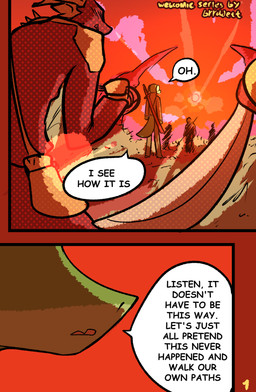 ambiguous_gender anthro clothed clothing dialogue female group horn melee_weapon speech_bubble sword tail text weapon brradett lernie_(brradett) scalie absurd_res colored comic digital_media_(artwork) english_text hi_res