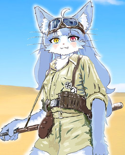 afrikakorps ambiguous_gender ammo_belt anthro belt blue_body blue_fur blue_sky blush bolt-action_rifle canteen clothing cross desert eyewear fur goggles gun heterochromia iron_cross military_uniform ranged_weapon simple_background sky smile solo uniform weapon white_body white_fur world_war_2 kei_e419 asian_mythology east_asian_mythology japan_air_self-defense_force japanese_mythology mythology omaneko_(jasdf) felid mammal nekomata yokai 2023
