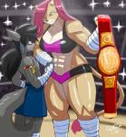 abs anthro anthrofied bandage belt bottomwear clothed clothing duo female hair larger_female male muscular muscular_female pink_hair pokemorph shorts size_difference smaller_male wrestling yellow_eyes shonuff upstairstudios nintendo pokemon kaylee_(jwinkz) shaze eevee felid generation_1_pokemon lion mammal pantherine pokemon_(species) hi_res