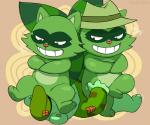 anthro clothing facesitting fur green_body green_fur grin group hat headgear headwear humanoid_hands male pink_nose shirt sitting sitting_on_another smile teeth topwear hisashino happy_tree_friends flippy_(htf) lifty_(htf) shifty_(htf) bear mammal procyonid raccoon 2019 6:5 hi_res unavailable_at_source