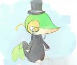 bow_(feature) bow_tie clothed clothing eyewear frown fully_clothed gloves handwear hat headgear headwear male monocle sitting solo suit top_hat mejjers nintendo pokemon fan_character tangle generation_5_pokemon pokemon_(species) reptile scalie snivy