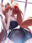 big_butt brown_hair butt clothing crown female hair headgear long_hair looking_at_viewer looking_back red_eyes solo swimwear tiara wet wet_clothing pomupu cygames uma_musume_pretty_derby daiwa_scarlet_(pretty_derby) animal_humanoid equid equid_humanoid equine equine_humanoid horse_humanoid humanoid mammal mammal_humanoid absurd_res hi_res