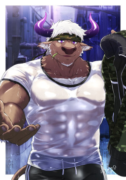 abs accessory anthro biceps black_bottomwear black_clothing black_shorts body_hair bottomwear brown_body brown_fur camo_jacket chest_hair chest_tuft clothing fur hair headband horn looking_at_viewer male muscular muscular_anthro muscular_male nipples offering_hand outside pecs purple_eyes raining shirt shorts solo standing t-shirt topwear translucent translucent_clothing tuft wet wet_clothing wet_shirt wet_topwear white_body white_clothing white_fur white_hair white_shirt white_t-shirt white_topwear 1461_1641 lifewonders tokyo_afterschool_summoners shennong_(tas) bovid bovine cattle mammal hi_res