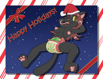 anthro bodily_fluids bow_(decoration) bow_(feature) breasts candy candy_cane candy_cane_in_mouth clothed clothing dessert diaper drop_shadow element_drop_shadow female food genital_fluids holiday_message padded padding peeing solo text text_drop_shadow topless unclean_diaper urine used_diaper using_diaper wearing_diaper wet wet_diaper wetting wetting_diaper ritzcat amber_(ritzcat) felid feline mammal english_text hi_res