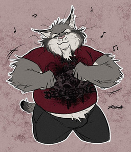 anthro black_bottomwear black_clothing black_pants bottomwear bulge clothed clothing dancing ear_tuft eyes_closed fur grey_body grey_fur male midriff musical_note musical_symbol overweight overweight_anthro overweight_male pants red_clothing red_shirt red_topwear shirt shirt_logo smile solo symbol tail text text_on_clothing text_on_shirt text_on_topwear topwear tuft whiskers rocksomnia28 disney zootopia pawbert_lynxley canada_lynx felid feline lynx mammal 2026 digital_media_(artwork)