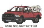 ambiguous_gender anthro driving duo female feral horn humor light_truck pickup_truck pun simple_background text truck vehicle visual_pun white_background orang111 dodge_(brand) ram_trucks bovid caprine mammal sheep english_text