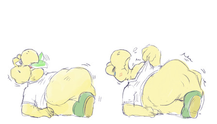 4_fingers almost_fully_inside ambiguous_anthro ambiguous_gender ambiguous_pred ambiguous_prey anthro anthro_pred anthro_prey belly big_belly biped bloated blush blush_lines bodily_fluids bottomless bottomless_ambiguous bottomless_anthro cheek_blush cheek_bulge clenched_eyes clothed clothed_ambiguous clothed_anthro clothing clothing_pull countershade_tail countershading duo eyes_closed fingers flying_saliva footwear fully_inside green_clothing green_footwear green_shoes green_tail half-closed_eyes head_first huge_belly monotone_arms monotone_background monotone_belly monotone_body monotone_face monotone_hands motion_lines mouth_closed narrowed_eyes neck_bulge oral_vore partially_inside red_blush same_size_vore shirt shirt_pull shoes short_sleeves side_view simple_background sitting sitting_on_ground soft_vore spiral spiral_pupils swallowing sweat sweatdrop tail tail_in_mouth tapering_tail tears topwear topwear_pull two_tone_tail vore white_background white_clothing white_shirt white_tail white_topwear yellow_arms yellow_belly yellow_body yellow_face yellow_hands yellow_legs sabamiso_(sabamasasix) sh mario_bros nintendo dinosaur green_yoshi koopa koopa_troopa prehistoric_species reptile scalie yoshi 2023 digital_drawing_(artwork) digital_media_(artwork) full-length_portrait guide_lines hi_res japanese_description portrait
