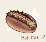 2016 :3 amamidori ambiguous_gender animate_inanimate armless bow_tie bow_tie_only brown_body brown_text digital_media_(artwork) digital_painting_(artwork) ellipsis english_text eyes_closed felid feline feral food food_creature hot_cat_(undertale) hot_dog hot_dog_bun legless limbless low_res mammal meat meat_creature mostly_nude noseless prick_ears question_mark red_bow_tie relish_(food) restricted_palette simple_background solo star tailless tan_body text undertale undertale_(series) white_background