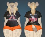 anthro big_ears blonde_hair bottomwear butt clothed clothing creature_print female front_and_back front_view fully_clothed gradient_background hair markings orange_bottomwear orange_clothing orange_shorts ponytail print_clothing print_shirt print_t-shirt print_topwear pubic_mound rear_view shirt shorts simple_background solo spots spotted_markings t-shirt text text_on_clothing text_on_shirt text_on_t-shirt text_on_topwear text_print thick_thighs topwear wide_hips yellow_eyes deermary women_want_me_fish_fear_me bones_(deermary) hyena mammal meme