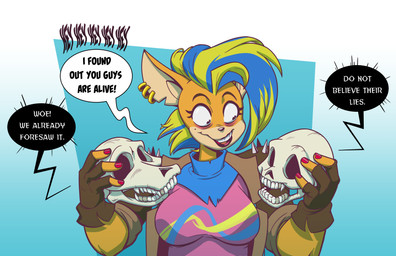anthro bone clothing colored_nails female fingerless_gloves gloves hair handwear humor insane jacket mohawk multicolored_hair nails skull solo text topwear anthony_loiacono activision crash_bandicoot_(series) pirate_tawna bandicoot mammal marsupial 2020 english_text hi_res