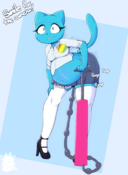 air_inflation air_pump anthro badge belly belly_expansion big_belly black_clothing black_eyebrows black_eyes black_footwear black_nose black_shoes blue_background blue_body blue_ears blue_tail bottomwear breasts clothing expansion eyebrows eyelashes female footwear grey_bottomwear grey_clothing grey_skirt heart_symbol hose hose_in_butt hose_inflation inflation legwear logo motion_lines navel onomatopoeia outie_navel shirt shoes simple_background skirt smile solo sound_effects tail teeth text thick_thighs topwear white_clothing white_legwear white_shirt white_topwear gardegu cartoon_network the_amazing_world_of_gumball nicole_watterson domestic_cat felid feline felis mammal 2024 absurd_res artist_logo colored digital_media_(artwork) english_text hi_res shaded