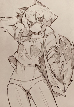 anthro arm_tuft biped breasts butt butt_from_the_front clothed clothing dipstick_tail facial_markings female fluffy fluffy_tail fur gloves_(marking) hair hand_behind_head hand_in_pocket head_markings inner_ear_fluff jacket leg_markings looking_at_viewer markings medium_breasts multicolored_tail navel panties pantsless pockets pupils short_hair simple_background solo tail tail_markings tail_tuft topwear tuft tufted_fur underwear curemitsuba brand_new_animal studio_trigger michiru_kagemori canid canine mammal raccoon_dog tanuki 2020 graphite_(artwork) hi_res monochrome sketch traditional_media_(artwork)