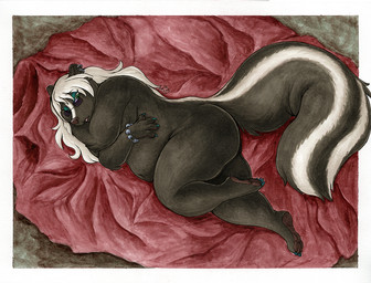 anthro bedding blanket bracelet breasts covering covering_breasts ear_piercing ear_ring eyewear female glasses hair high-angle_view jewelry lying navel nude on_side overweight overweight_anthro overweight_female pawpads piercing ring_piercing solo thick_thighs white_hair bigladydragon mammal mephitid skunk