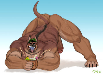 4_toes 5_fingers anthro ass_up barazoku beard beverage biceps biped black_nose brown_body brown_fur brown_penis claws coconut coconut_drink drupe_(fruit) erection facial_hair feet finger_claws fingers food foreskin fruit fur genitals glans goatee gradient_background green_eyes green_hair hair holding_beverage holding_object humanoid_genitalia humanoid_penis jack-o'_pose looking_at_viewer male muscular muscular_anthro muscular_male nude open_mouth paws penis plant pose red_glans simple_background solo tail toe_claws toes tongue tongue_out vein veiny_penis lygarus xxl_woofia saeng canid canine canis dobermann domestic_dog mammal pinscher