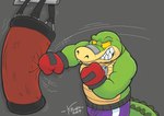 2024 alligator alligatorid angry anthro biped bottomwear boxing_gloves boxing_shorts brok_(brok_the_investigator) brok_the_investigator clothing crocodilian green_body handwear hi_res krunchycroc male punch punching_bag reptile scalie shorts slightly_chubby solo