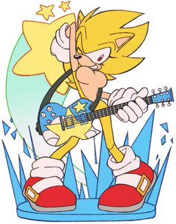 alternate_form anthro breasts buckle clothing crossgender electric_guitar eyelashes featureless_breasts female footwear fur gloves guitar halftone_dots handwear holding_musical_instrument holding_object mtf_crossgender musical_instrument playing_music plucked_string_instrument pointy_ears red_clothing red_eyes red_footwear red_shoes shoes smile solo star_symbol string_instrument yellow_body yellow_fur ctrl_bullet sega sonic_the_hedgehog_(series) sonic_the_hedgehog super_sonic eulipotyphlan hedgehog mammal halftone hi_res