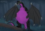 ambiguous_gender ambiguous_prey anthro anthro_pred belly big_belly bodily_fluids clothed clothing drooling front_view grass green_eyes grey_body grey_wings grin huge_belly long_neck male male_pred membrane_(anatomy) membranous_wings motion_lines night open_clothing open_topwear outside plant pupils purple_body saliva slit_pupils smile solo standing topwear tree vore wings santanahoffman mythology dragon mythological_creature mythological_scalie scalie hi_res