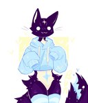 :3 ambiguous_gender anthro black_body black_fur blue_clothing blue_hoodie blue_leg_warmers blue_legwear blue_topwear clothing countershading fur heart_symbol hoodie leg_warmers legwear living_tail oversized_clothing oversized_hoodie oversized_topwear slim_anthro slim_male solo tail topwear unusual_anatomy unusual_tail white_body white_countershading white_eyes white_fur bunonthemoon domestic_cat felid feline felis mammal 2023 male_(lore)