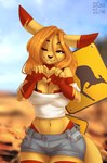 anthro blurred_background bottomwear breasts clothed clothing cloud denim denim_bottomwear denim_clothing denim_shorts female fully_clothed gesture hair heart_gesture long_hair midriff navel one_eye_closed orange_hair outside road_sign shorts sky solo standing thick_thighs topwear white_clothing white_topwear yellow_eyes cocoline_(artist) spirale_(character) kangaroo macropod mammal marsupial 2021 absurd_res dated digital_media_(artwork) hi_res