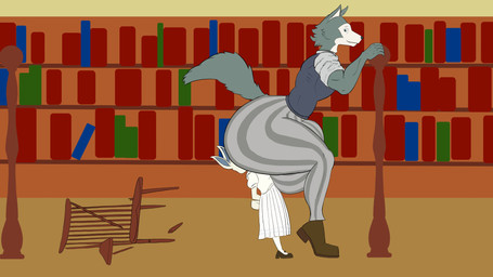 anthro balls big_balls big_butt bottomwear butt clothing dominant dominant_male dress facesitting female genitals grey_clothing grey_shirt grey_topwear huge_balls huge_butt humiliation hyper hyper_balls hyper_butt hyper_genitalia larger_male library living_chair male male/female pants pattern_bottomwear pattern_clothing pattern_pants public public_humiliation shirt sitting sitting_on_another size_difference striped_bottomwear striped_clothing striped_pants stripes topwear white_clothing white_dress beastars haru_(beastars) legoshi_(beastars) canid canine canis lagomorph leporid mammal rabbit wolf 16:9 hi_res widescreen