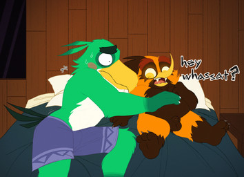 adult_on_young age_difference animal_genitalia anthro balls beak bed bedroom belly_rub black_eyes black_tail black_tail_feathers blue_bottomwear blue_clothing blue_shorts blush bodily_fluids bottomwear brown_body brown_feather_hair brown_feathers brown_hair bulge claws clothing detailed_bulge duo erection erection_under_clothing fangs feather_hair feathers front_view furniture genital_outline genitals gesture green_body green_feather_hair green_feathers green_hair grey_claws grey_toe_claws gulp_(sound_effect) hair hand_gesture hand_on_belly inside lying male male/male multicolored_body multicolored_bottomwear multicolored_clothing multicolored_feathers multicolored_hair multicolored_shorts nervous nude on_back on_bed on_side onomatopoeia orange_body orange_eyes orange_feather_hair orange_feathers orange_hair orange_sclera penis penis_outline pillow pointing pointing_at_another pointing_at_crotch pointing_at_penis pseudo_hair question question_mark sharp_teeth sheath shorts size_difference small_balls sound_effects swallowing sweat tail tail_feathers teeth text toe_claws tongue two_tone_body two_tone_bottomwear two_tone_clothing two_tone_feather_hair two_tone_feathers two_tone_hair two_tone_shorts white_body white_claws white_feathers window yellow_beak young young_anthro young_male younger_male sinood1e angry_birds rovio_entertainment sega bubbles_(sinood1e) hal_(angry_birds) avian bird oriole_(bird) toucan 2025 digital_media_(artwork) english_text hi_res