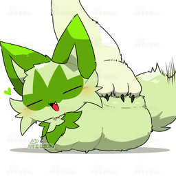ambiguous_gender anthro black_claws blush cheek_tuft claws cute_fangs daww duo eyes_closed facial_tuft fangs feral fur green_body green_ears green_fur green_heart green_tail heart_symbol kemono loaf lying mostly_offscreen_character on_front open_mouth open_smile pawpads paws petting pink_pawpads short_tail simple_background smile tail tail_motion tailwag teeth tuft white_background tontaro nintendo pokemon felid feline generation_9_pokemon mammal meowscarada pokemon_(species) sprigatito 1:1 2026 2d_animation animated frame_by_frame loop signature watermark