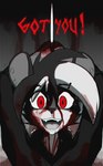 anthro blood blood_on_face bodily_fluids clothed clothing female fur gore hair knife looking_at_viewer open_mouth red_eyes simple_background solo teeth text observerdoz stigmata_(observerdoz) hyena mammal 2024 absurd_res hi_res