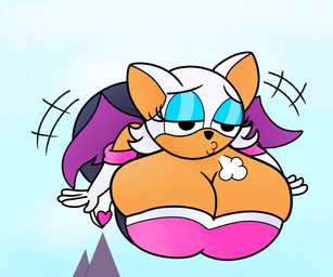 :3 anthro big_breasts black_clothing black_eyes black_nose blue_eyeshadow breasts cleavage clothed clothing eyelashes eyeshadow female flying gloves hair half-closed_eyes handwear huge_breasts makeup motion_lines mountain narrowed_eyes outside pink_clothing purple_eyes sky solo tan_body tired white_clothing white_gloves white_hair white_handwear wings teaset_haliley doobus_goobus_(copyright) sega sonic_the_hedgehog_(series) rouge_the_bat bat mammal hi_res