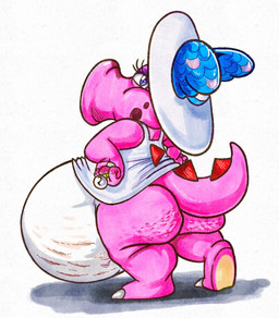 anthro belly big_belly big_butt blue_eyes butt cellulite clothing dress eyeshadow feet female hat headgear headwear huge_belly looking_back makeup pink_body pregnant pregnant_anthro pregnant_female ring siphon_(anatomy) solo sun_hat tail killboo mario_bros nintendo birdo_(character) birdo dinosaur prehistoric_species reptile scalie 2025 hi_res