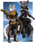 anthro armor border bottomwear clothing duo fur gun headgear helmet levitation multicolored_tail open_mouth pants ranged_weapon tail tongue tongue_out weapon white_border pridark bungie destiny_(video_game) destiny_2 canid canine canis fox mammal wolf 2022 absurd_res hi_res