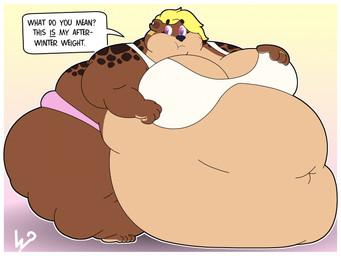 4_fingers 4_toes anthro belly big_belly black_eyebrows black_nose blonde_hair border bra breasts brown_body brown_fur cleavage clothed clothing deep_navel digit_ring eyebrows feet female finger_ring fingers fur hair huge_belly hyper hyper_belly jewelry looking_at_viewer morbidly_obese morbidly_obese_anthro morbidly_obese_female multicolored_body multicolored_fur navel notched_ear obese obese_anthro obese_female overweight overweight_anthro overweight_female panties purple_eyes solo standing talking_to_viewer text toes underwear white_border ginny_the_fat_bear bear mammal english_text hi_res