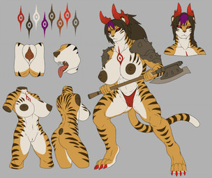 anthro armor axe breasts brown_hair clothed clothing fangs female fur genitals hair holding_object holding_weapon horn melee_weapon multicolored_body multicolored_fur multicolored_hair open_mouth orange_body orange_fur panties partially_clothed purple_hair red_eyes solo tail teeth tongue tongue_out two_tone_body two_tone_fur two_tone_hair underwear vulva weapon white_body white_fur link2004 felid mammal pantherine tiger flat_colors model_sheet
