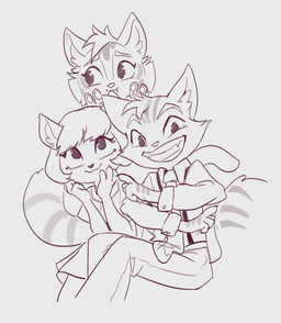 3_fingers anthro bob_cut bottomwear canon_couple claws clothed clothed_anthro clothed_female clothed_male clothing collared_shirt dress eyebrows female finger_claws fingers flirting fluffy fluffy_tail fully_clothed fully_clothed_anthro fully_clothed_female fully_clothed_male fur group happy head_tuft inner_ear_fluff looking_at_another looking_at_partner looking_at_viewer male markings necktie pants pawpads shirt shy simple_background sitting smile striped_body striped_fur striped_markings striped_tail stripes suspenders tail tail_markings teeth topwear trio tuft landypommel lackadaisy calvin_mcmurray ivy_pepper rocky_rickaby domestic_cat felid feline felis mammal 2020 digital_drawing_(artwork) digital_media_(artwork) hi_res line_art cousins_(lore)