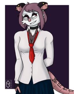 anthro blue_bottomwear blue_clothing blue_skirt border bottomwear breasts choker cleavage clothed clothing ear_piercing eyeliner eyewear facial_tuft female fur glasses gold_(metal) gold_jewelry grey_body grey_fur hair half-closed_eyes industrial_piercing jewelry legwear looking_aside loose_tie magenta_eyes makeup multicolored_body multicolored_fur narrowed_eyes necklace necktie piercing pink_nose purple_hair red_necktie shirt short_hair simple_background skirt smile solo standing tail tail_tattoo tattoo teeth text topwear tuft wearing_glasses white_body white_border white_clothing white_face white_fur white_shirt white_topwear flawedspirit laura_(flawedspirit) american_opossum mammal marsupial 2026 absurd_res chinese_text hi_res shaded translated