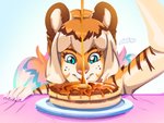 anthro blue_eyes butter colored_nails dairy_products female food humanoid_face nails pancake pink_nails pink_nose plate smile solo syrup luxar92 pancake_(luxar92) felid mammal pantherine tiger 2020 signature